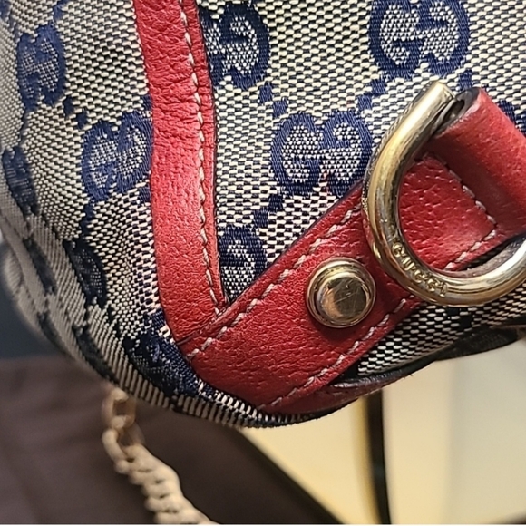 GUCCI VINTAGE 90'S ABBEY TAN CANVAS W NAVY GG DIAMANTE, RED LEATHER/GOLD HRDWR - Picture 4 of 14